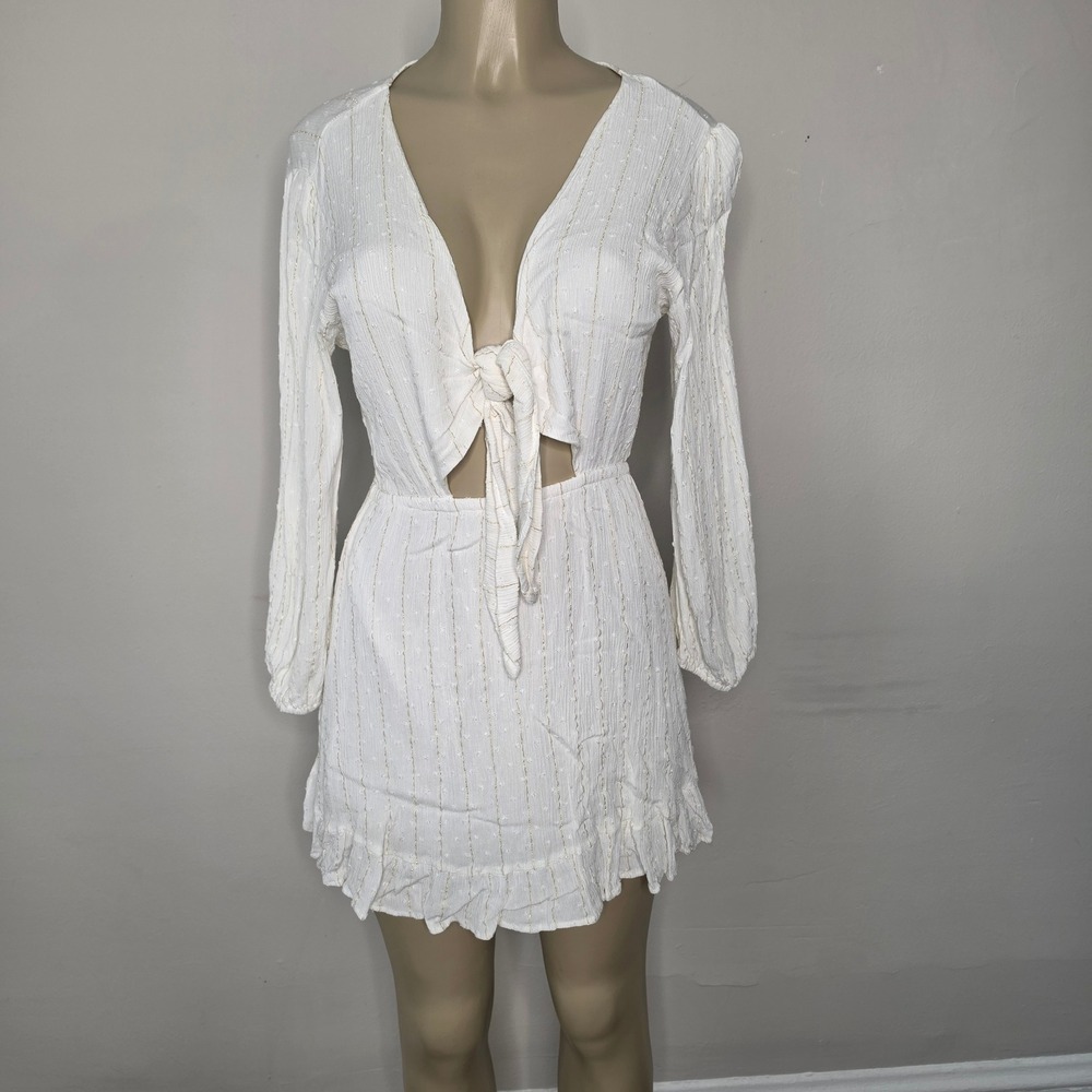 Surf Gypsy Dress Womens M White Gold Tie Front Metallic Clip Dot Mini Boho Vacay